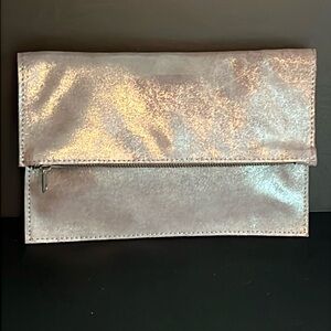 roost pewter metallic suede fold-over clutch w/zipper & magnetic snap-NWT